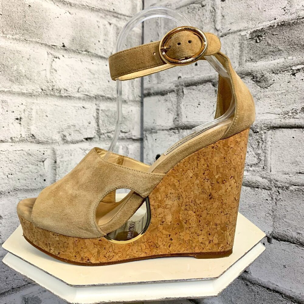 Jimmy Choo Neyo Beige Suede Cork Platform Wedge Ankle Strap Boho Sandals